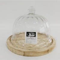 glass home decor of transparent stripe glass cake stand dome with wooden base