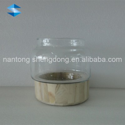 bulk handmade clear glass flower pot with thick paulownia wooden pedestal