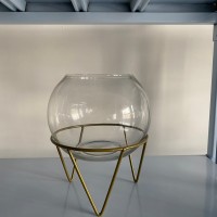 glass home decor of transparent glass fish bowl with golden metal base