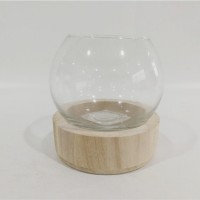 glass home decor of transparent glass fish bowl with nature wooden  base